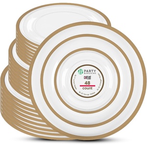 image:imagePARTY BARGAINS Disposable Plastic 7 Lunch 10 Dinner amp 13 Charger Plates Combo Contrast Collection Clear with Gold Rim 48 Pack