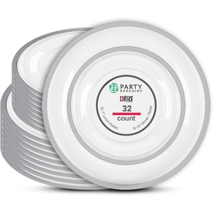 image:imagePARTY BARGAINS Disposable Plastic 7 Lunch amp 10 Dinner Plates Combo Contrast Collection Clear with Silver Rim 32 Pack