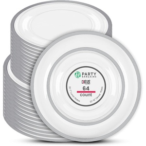 image:imagePARTY BARGAINS Disposable Plastic 7 Lunch amp 10 Dinner Plates Combo Contrast Collection Clear with Silver Rim 64 Pack