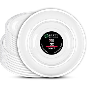 image:imagePARTY BARGAINS Disposable Plastic 7 Lunch amp 10 Dinner Plates Combo Contrast Collection Clear with White Rim 32 Pack