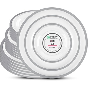 image:imagePARTY BARGAINS Disposable Plastic Plates  Contrast Collection Clear with Silver Rim  24 Plates 7in Appetizer 10in Dinner amp 13in Charger Plates 8 Each  Elegant Party Plates for Events