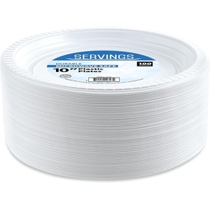 image:imageBlue Sky 10 Inch White Plastic Plates  100 Count Disposable Plastic Plates Microwave Safe Perfect for Birthday Parties Weddings Banquets Picnics and Everyday Use