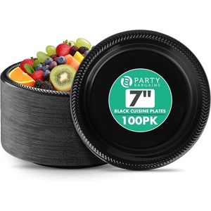 image:imagePARTY BARGAINS 7 Inch Disposable Plastic Plates 100 Pack Black Snack and Salad Plates Microwave Safe Party Plates Lightweight Disposable Plates for Parties Catering and Events