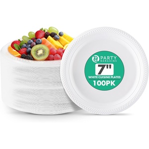image:imagePARTY BARGAINS 7 Inch Disposable Plastic Plates 100 Pack White Snack and Salad Plates Microwave Safe Party Plates Lightweight Disposable Plates for Parties Catering and Events