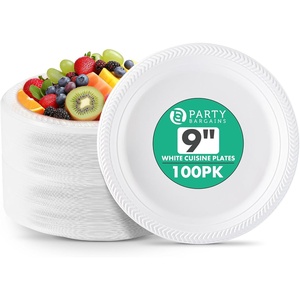 image:imagePARTY BARGAINS 9 Inch Disposable Plastic Plates 100 Pack White Dinner Plates Microwave Safe Party Plates Lightweight Disposable Plates for Parties Catering and Events