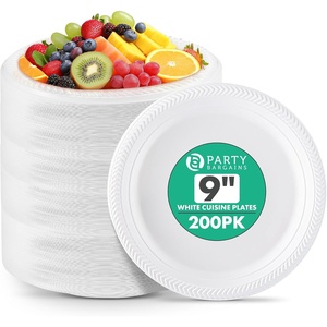 image:imagePARTY BARGAINS 9 Inch Disposable Plastic Plates 200 Pack White Dinner Plates Microwave Safe Party Plates Lightweight Disposable Plates for Parties Catering and Events