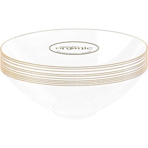 image:imagePARTY BARGAINS 16oz Disposable Organic Collection Round Bowls 20 Pack Clear with Gold Rim Elegant Plastic Dish Bowl Containers Dishware for Storing Serving