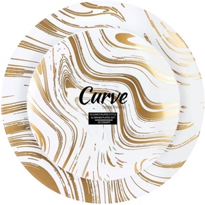 image:imagePARTY BARGAINS 75 amp 10 Curve Collection Disposable Dinner Plates Combo  64 Pack Heavy Duty White Gold Curve Elegant Tableware Dish Plates for Banquets Catering and Formal Events
