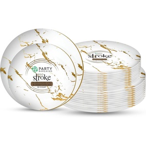image:imagePARTY BARGAINS 75 amp 10 Gold Stroke Collection Disposable Lunch amp Dinner Plates Combo 32 Pack White Plastic Table Setting Plates Excellent Dinnerware for Banquet Formal Events