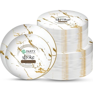 image:imagePARTY BARGAINS 75 amp 10 Gold Stroke Collection Disposable Lunch amp Dinner Plates Combo 64 Pack White Plastic Table Setting Plates Excellent Dinnerware for Banquet Formal Events