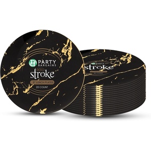 image:imagePARTY BARGAINS 9 Gold Stroke Collection Disposable Lunch Plates 20 Pack Black Plastic Table Setting Plates Excellent Dinnerware for Banquet Formal Events
