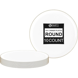 image:imagePARTY BARGAINS 106 Disposable Plastic Plates  Heavy Duty Dinner Plates for Weddings Parties Catering Banquets Events Elegant Edge Collection Party Plates White with Gold Rim 10 Pack