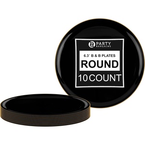 image:imagePARTY BARGAINS 63 Disposable Black Gold Rim Plates 10 Pack Heavy Duty Plastic Edge Collection Tableware Dish Platter Dinnerware Table Setting Plates for Catering Events