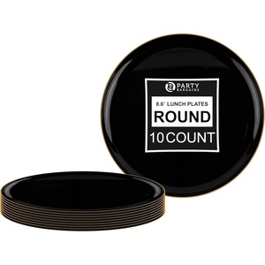 image:imagePARTY BARGAINS 86 Disposable Black Gold Rim Plates 10 Pack Heavy Duty Plastic Edge Collection Tableware Dish Platter Dinnerware Table Setting Plates for Catering Events