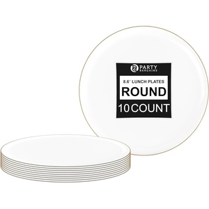 image:imagePARTY BARGAINS 86 Disposable White Gold Rim Plates 10 Pack Heavy Duty Plastic Edge Collection Tableware Dish Platter Dinnerware Table Setting Plates for Catering Events