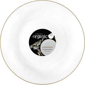 image:imagePARTY BARGAINS 9 Organic Hammered Dinner Plates 10 Pack Transparent White PlateGold Rim Disposable Plastic Table Setting Dish Plates for Birthdays Banquet Formal Events
