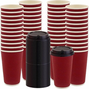 image:imagePARTY BARGAINS 100 Disposable Rippled Insulated Hot Cups with lids 12oz Burgundy Color No Sleeves Needed to Go Teacup Heat Protection Coffee Espresso16 oz