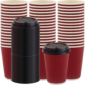 image:imagePARTY BARGAINS 100 Disposable Rippled Insulated Hot Cups with lids 12oz Burgundy Color No Sleeves Needed to Go Teacup Heat Protection Coffee Espresso12 oz