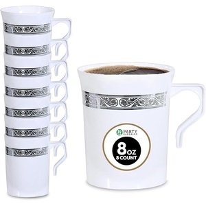 image:imagePARTY BARGAINS 8oz Disposable Plastic Coffee Cups with Handles White with Silver Lace Band 8Pack Disposable Tea amp Coffee Cups for Weddings Bridal Showers Parties Events amp Outdoor Entertaining