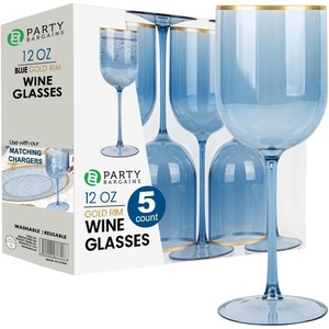 image:imagePARTY BARGAINS 12 oz Disposable Plastic Wine Goblets ShatterResistant BPAFree Stemmed Wine Cups for Weddings Events amp Outdoor Entertaining Black 5 PackBlue Gold Rim