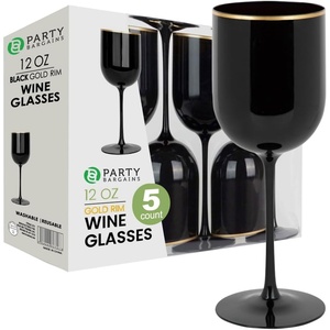 image:imagePARTY BARGAINS 12 oz Disposable Plastic Wine Goblets ShatterResistant BPAFree Stemmed Wine Cups for Weddings Events amp Outdoor Entertaining Black Gold Rim 5 Pack