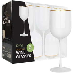 image:imagePARTY BARGAINS 5 Wine Goblets  White Gld Rim 12oz  Disposable Shatterproof Elegant Design Plastic Wine Glasses with Stem  For Pool Parties Outdoors Receptions Weddings