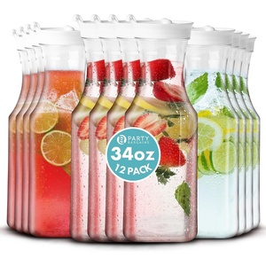 image:imagePARTY BARGAINS 34 oz Square Plastic Carafe with White FlipTab Lid Clear  12 Pack HeavyDuty SpillResistant Pitchers for Iced Tea Juice Cold Beverages Powdered Drinks Mimosa Bar