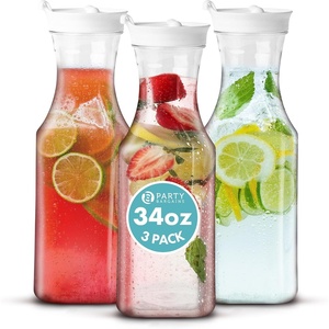 image:imagePARTY BARGAINS 34 oz Square Plastic Carafe with White FlipTab Lid Clear  3 Pack HeavyDuty SpillResistant Pitchers for Iced Tea Juice Cold Beverages Powdered Drinks Mimosa Bar