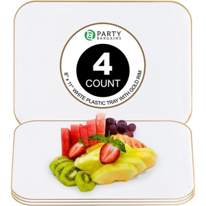 image:imageParty Bargains Plastic Serving Tray  4 Pack 8 x 11 Rectangular Organic Collection White Serving Platter with Gold Rim Disposable Food Tray for Snacks Appetizers Charcuterie BirthdayWhite Gold Rim