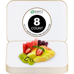 image:imageParty Bargains Plastic Serving Tray  8 Pack 8 x 11 Rectangular Organic Collection White Serving Platter with Gold Rim Disposable Food Tray for Snacks Appetizers Charcuterie Weddings Buffets