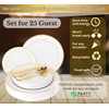 image:imagePARTY BARGAINS 125 Disposable Plastic Dinnerware Set for 25 Guest  Gold Settings 25 Each 10 Dinner Plates 7 SaladDessert Plates Forks Knives Spoons for Weddings Bridal Showers Birthday