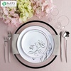 image:imagePARTY BARGAINS 13Inch Charger Plates  8 Pack Organic Collection Black Gold Rim HeavyDuty Disposable Chargers for Elegant Dining  Ideal for Weddings and Formal EventsBlack Rim