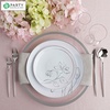 image:imagePARTY BARGAINS 13Inch Charger Plates  8 Pack Organic Collection Black Gold Rim HeavyDuty Disposable Chargers for Elegant Dining  Ideal for Weddings and Formal EventsSilver Rim