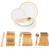 image:imagePARTY BARGAINS 125 Disposable Plastic Dinnerware Set for 25 Guest  Gold Settings 25 Each 10 Dinner Plates 7 SaladDessert Plates Forks Knives Spoons for Weddings Bridal Showers Birthday
