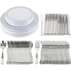 image:imagePARTY BARGAINS 125 Disposable Plastic Dinnerware Set for 25 Guest  Silver Lace 25 Each 10 Dinner Plates 7 SaladDessert Plates Forks Knives Spoons Weddings Bridal Showers Birthday