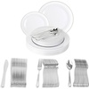 image:imagePARTY BARGAINS 125 Disposable Plastic Dinnerware Set for 25 Guest  Silver Rim 25 Each 10 Dinner Plates 7 SaladDessert Plates Forks Knives Spoons for Weddings Bridal Showers Birthday