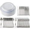 image:imagePARTY BARGAINS 125 Disposable Plastic Dinnerware Set for 25 Guest  Silver Twig 25 Each 10 Dinner Plates 7 SaladDessert Plates Forks Knives Spoons for Weddings Bridal Showers Birthday