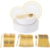 image:imagePARTY BARGAINS 250 Disposable Plastic Dinnerware Set for 50 Guest  Gold Rim 50 Each 10 Dinner Plates 7 SaladDessert Plates Forks Knives Spoons Weddings Bridal Showers Birthday