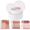 image:imagePARTY BARGAINS 250 Disposable Plastic Dinnerware Set for 50 Guest  Rose Gold 50 Each 10 Dinner Plates 7 SaladDessert Plates Forks Knives Spoons Weddings Bridal Showers Birthday