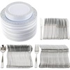 image:imagePARTY BARGAINS Disposable Plastic Set  10 Dinner Plates 7 SaladDessert Plates Forks Knives Spoons Weddings Bridal Showers Birthday 250Set Silver Lace