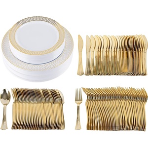image:imagePARTY BARGAINS 125 Disposable Dinner Set for 25 Guest  Gold Spiral 25 Each 10 Dinner Plates 7 SaladDessert Plates Forks Knives Spoons for Wedding Receptions Banquets Buffets