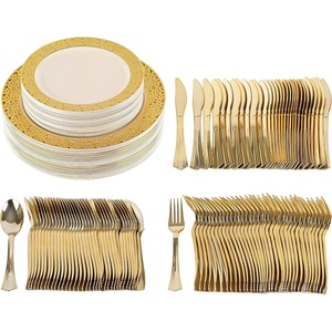 image:imagePARTY BARGAINS 125 Disposable Plastic Dinnerware Set for 25 Guest  Gold Lace 25 Each 10 Dinner Plates 7 SaladDessert Plates Forks Knives Spoons for Weddings Bridal Showers Birthday