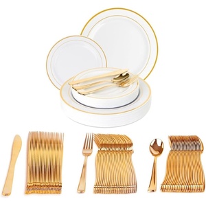 image:imagePARTY BARGAINS 125 Disposable Plastic Dinnerware Set for 25 Guest  Gold Settings 25 Each 10 Dinner Plates 7 SaladDessert Plates Forks Knives Spoons for Weddings Bridal Showers Birthday