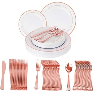 image:imagePARTY BARGAINS 125 Disposable Plastic Dinnerware Set for 25 Guest  Rose Gold 25 Each 10 Dinner Plates 7 SaladDessert Plates Forks Knives Spoons for Weddings Bridal Showers