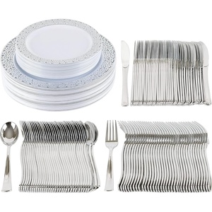 image:imagePARTY BARGAINS 125 Disposable Plastic Dinnerware Set for 25 Guest  Silver Lace 25 Each 10 Dinner Plates 7 SaladDessert Plates Forks Knives Spoons Weddings Bridal Showers Birthday