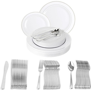 image:imagePARTY BARGAINS 125 Disposable Plastic Dinnerware Set for 25 Guest  Silver Rim 25 Each 10 Dinner Plates 7 SaladDessert Plates Forks Knives Spoons for Weddings Bridal Showers Birthday