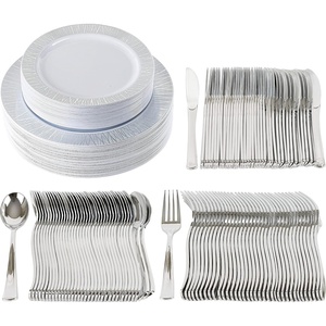 image:imagePARTY BARGAINS 125 Disposable Plastic Dinnerware Set for 25 Guest  Silver Twig 25 Each 10 Dinner Plates 7 SaladDessert Plates Forks Knives Spoons for Weddings Bridal Showers Birthday