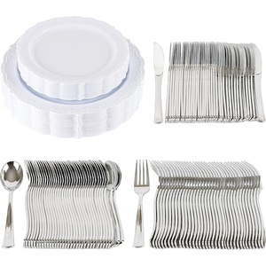 image:imagePARTY BARGAINS 125 Disposable Plastic Dinnerware Set for 25 Guest  Vintage White 25 Each 10 Dinner Plates 7 SaladDessert Plates Forks Knives Spoons for Weddings Bridal Showers Birthday