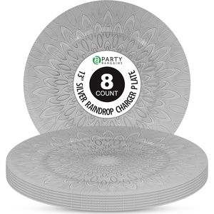 image:imagePARTY BARGAINS 13 Plastic Charger Plates Raindrop Design Silver  Disposable Round Table Chargers for Weddings Parties amp Events BPAFree 8 Pack