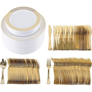 image:imagePARTY BARGAINS 250 Disposable Dinner Set for 50 Guest  Gold Spiral 50 Each 10 Dinner Plates 7 SaladDessert Plates Forks Knives Spoons for Wedding Receptions Banquets Buffets
